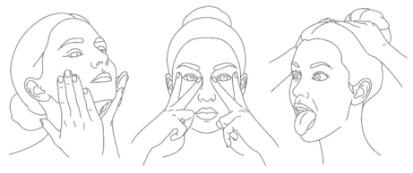 Kreslená ilustrace tří pozic obličejové jógy z kurzu Face Lift Yoga Experience: masáž tváří, cvik na oční okolí a uvolnění čelisti.