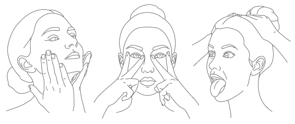 Kreslená ilustrace tří pozic obličejové jógy z kurzu Face Lift Yoga Experience: masáž tváří, cvik na oční okolí a uvolnění čelisti.