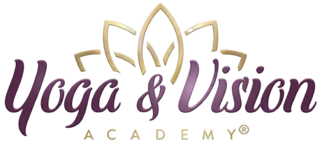 Logo Yoga & Vision Academy® s&nbsp;fialovým textem a&nbsp;zlatým lotosovým symbolem. Oficiální značka Martiny Bajerové pro&nbsp;metodiku Face Yoga.