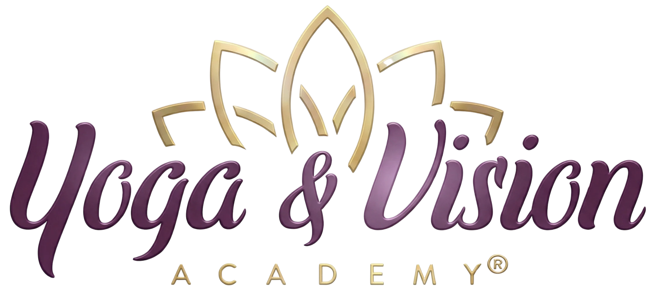 Logo Yoga & Vision Academy® s&nbsp;fialovým textem a&nbsp;zlatým lotosovým symbolem. Oficiální značka Martiny Bajerové pro&nbsp;metodiku Face Yoga.