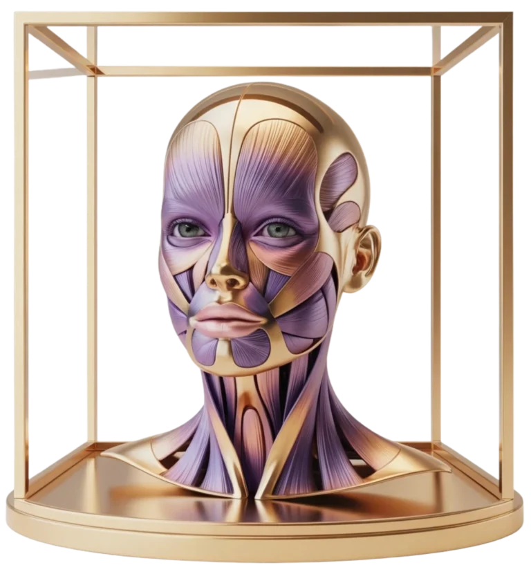 Detailní anatomický model obličejových svalů v&nbsp;luxusní zlaté vitríně, představující základní metodiku kurzu Face Lift Yoga Experience pro&nbsp;přirozený lifting.