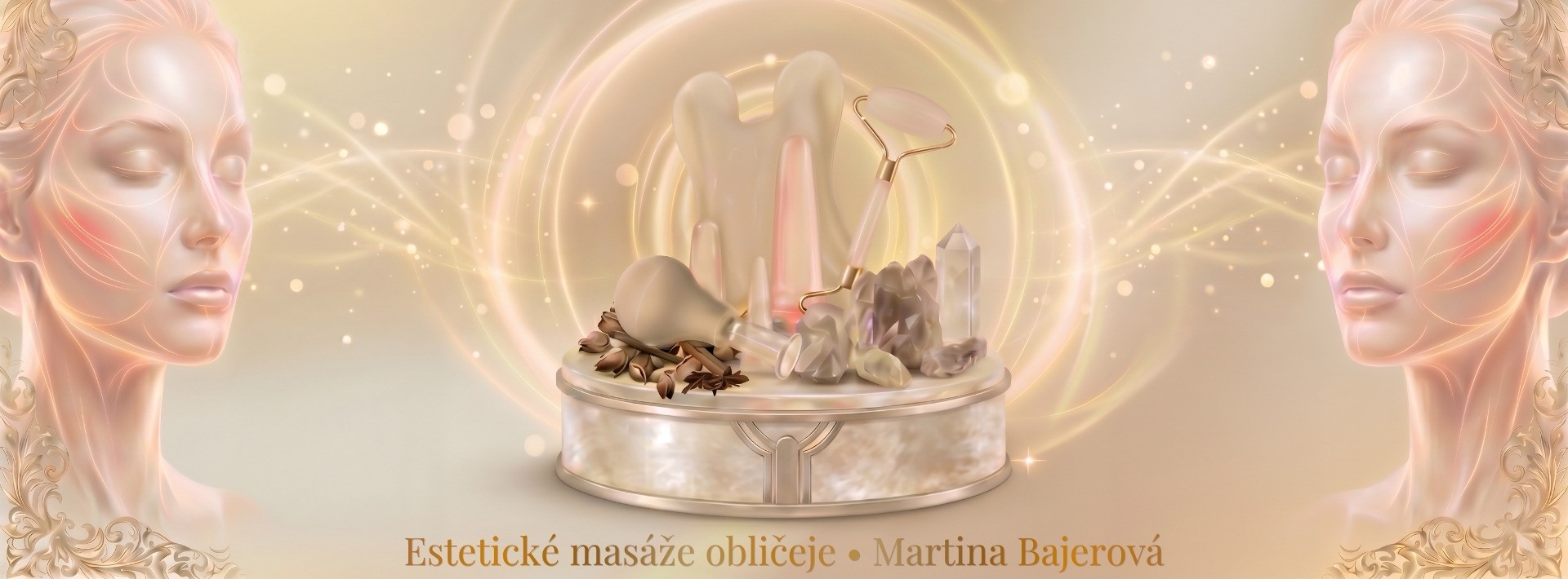 Umělecká vizualizace estetických masáží obličeje Martiny Bajerové s&nbsp;využitím gua-sha kamene, baněk a&nbsp;rollerů na&nbsp;podkladu s&nbsp;krystaly pro&nbsp;Yoga & Vision Academy®.