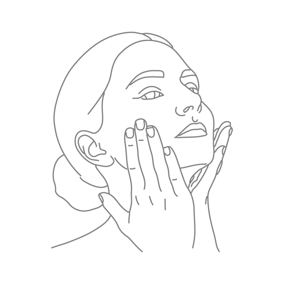 Ilustrace z online programu Facelift Yoga Experience od certifikované lektorky Martiny Bajerové, která zobrazuje line art techniku masáže a liftingu kontur obličeje a tváří. Žena má ruce na tvářích a vzhlíží.