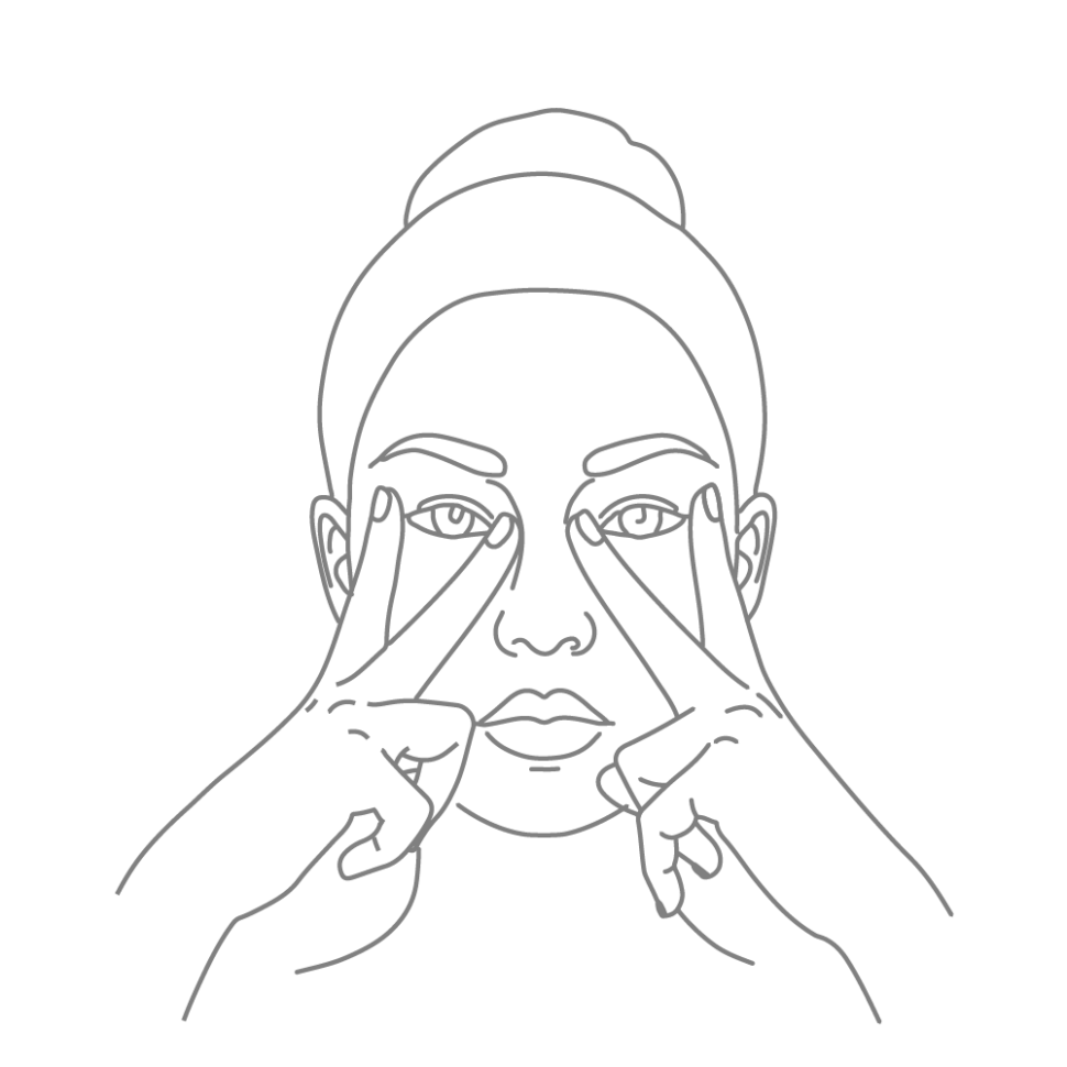 Ilustrace z online programu Facelift Yoga Experience od certifikované lektorky Martiny Bajerové, která zobrazuje line art techniku masáže a liftingu očního okolí a tváří. Žena má prsty u očí ve tvaru písmene V.