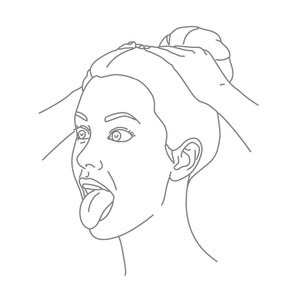Line-art ilustrace cviku z online programu Facelift Yoga Experience od certifikované lektorky Martiny Bajerové, zobrazující techniku s rukama na skalpu a vyplazeným jazykem pro uvolnění napětí v obličeji.