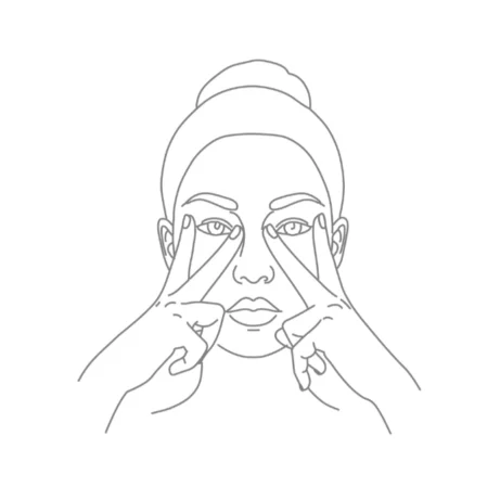 Kruhová ilustrace ukazující techniku pro vyhlazení vrásek kolem očí z kurzu Facelift Jóga experience.