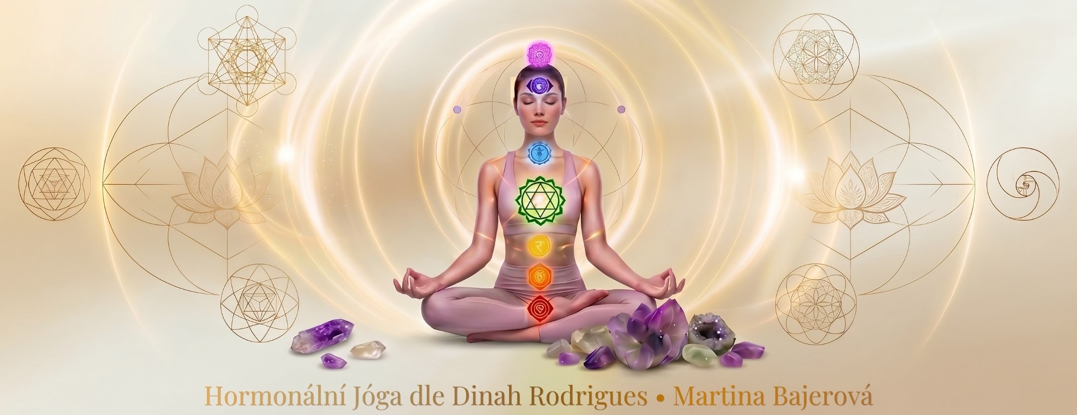 Meditující postava se symboly čaker a&nbsp;ametystovými krystaly pro&nbsp;kurz Hormonální jógy dle Dinah Rodrigues.