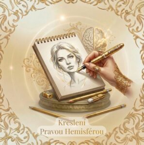 Detail oka a kreativních barev symbolizující propojení hemisfér při intuitivním kreslení.