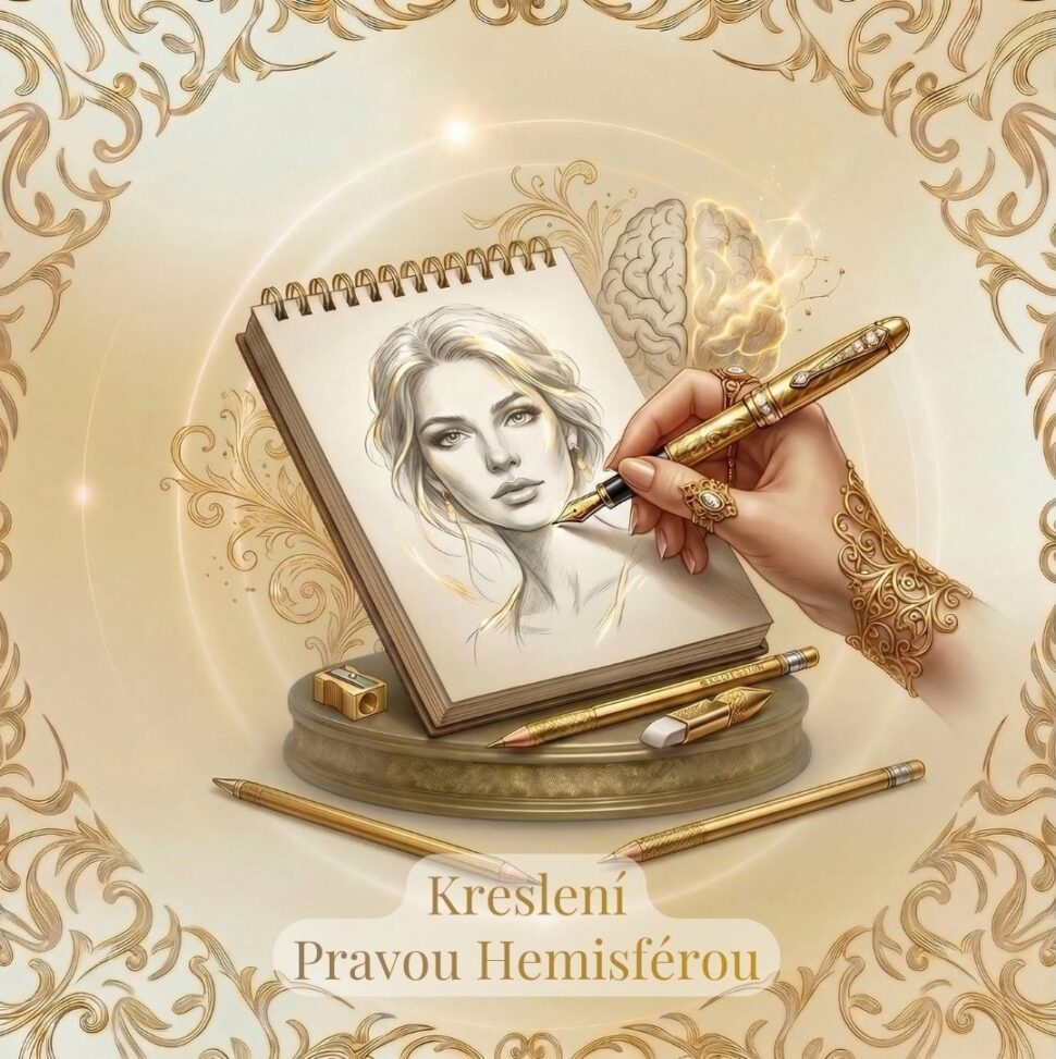 Detail oka a kreativních barev symbolizující propojení hemisfér při intuitivním kreslení.