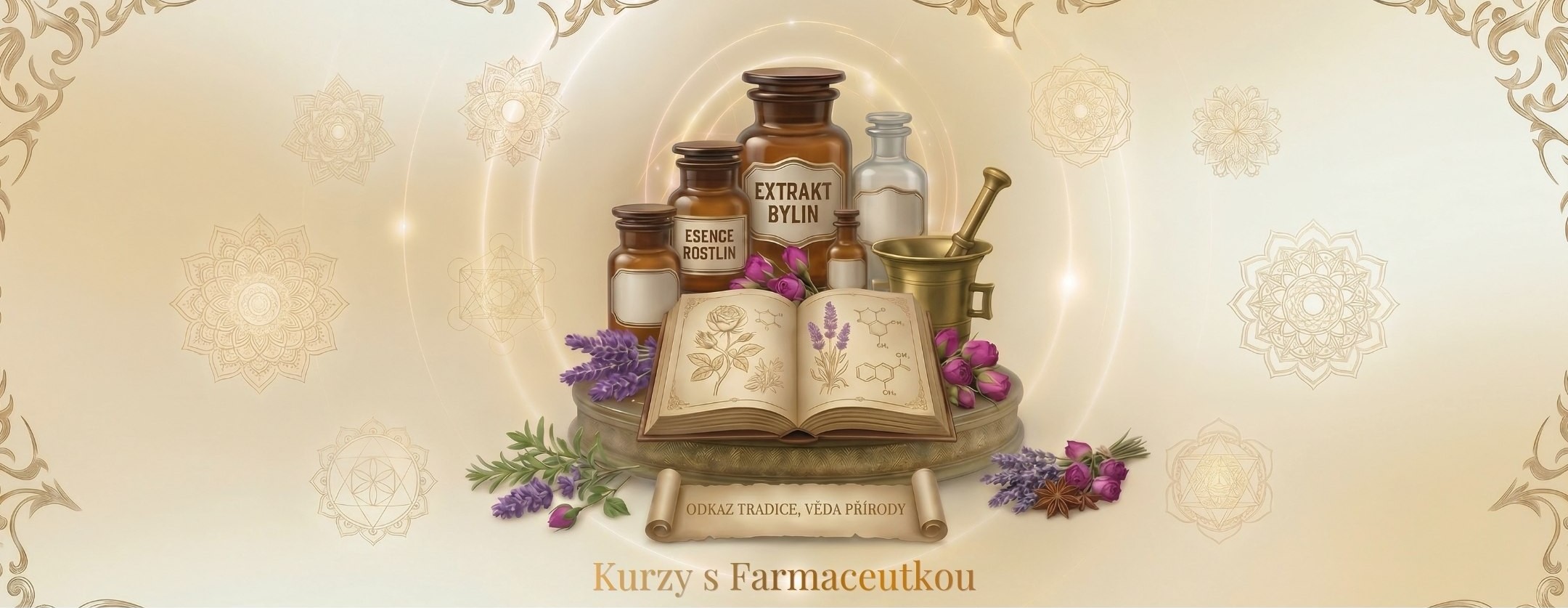 Umělecká kompozice historické lékárny, bylin a&nbsp;otevřené knihy receptur pro&nbsp;kurzy s&nbsp;farmaceutkou.