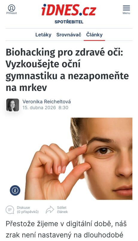Odborný článek Martiny Bajerové na&nbsp;iDNES.cz o&nbsp;biohackingu pro&nbsp;zdravé oči a&nbsp;oční gymnastice. Zdroj: iDNES.cz.