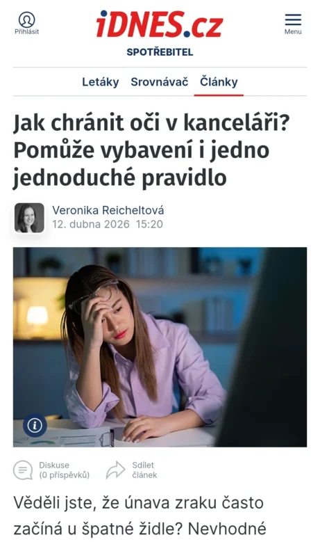 Rady Martiny Bajerové na&nbsp;iDNES.cz, jak chránit oči v&nbsp;kanceláři a&nbsp;předcházet únavě zraku u&nbsp;počítače. Zdroj: iDNES.cz.