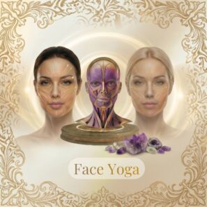 Detailní vizuál obličeje s anatomickými svaly pro kurz Face Yogy a přirozeného omlazení tváře.