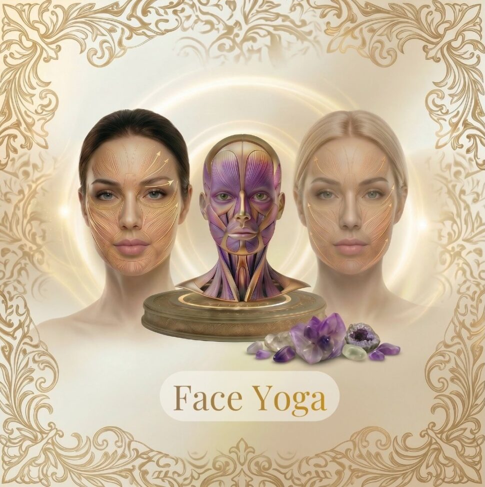 Detailní vizuál obličeje s anatomickými svaly pro kurz Face Yogy a přirozeného omlazení tváře.