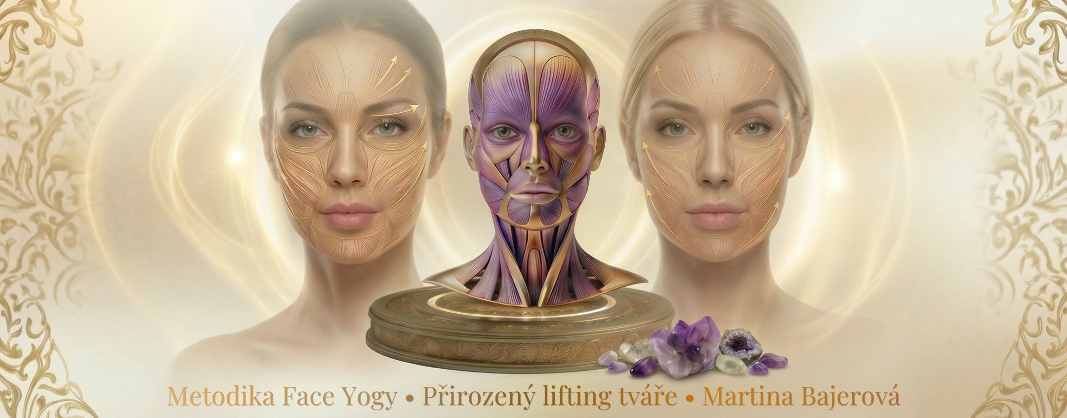 Vizuál metodiky Face Yogy Martiny Bajerové s anatomickým modelem svalů obličeje a ukázkou přirozeného liftingu tváře.