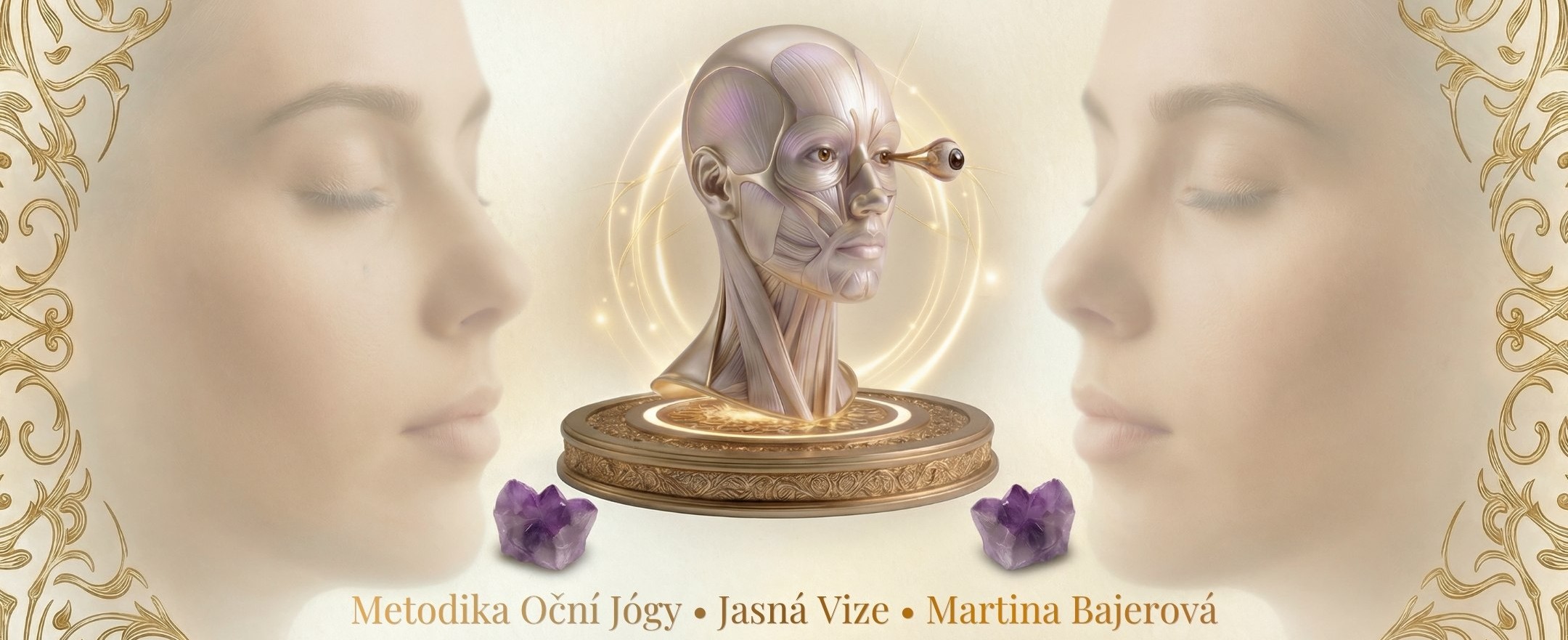 Vizuál pro&nbsp;kurz Jasná vize a&nbsp;oční jógu s&nbsp;modelem oční anatomie, ametystovými krystaly a&nbsp;relaxačním podtextem.