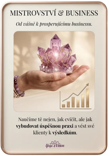 Mistrovství & Business Yoga & Vision Academy®. Obsahuje vizualizaci ruky držící ametystový krystal a rostoucí zlatý graf úspěchu. Text zdůrazňuje vybudování úspěšné praxe a vedení klientů k výsledkům v oboru face yogy.