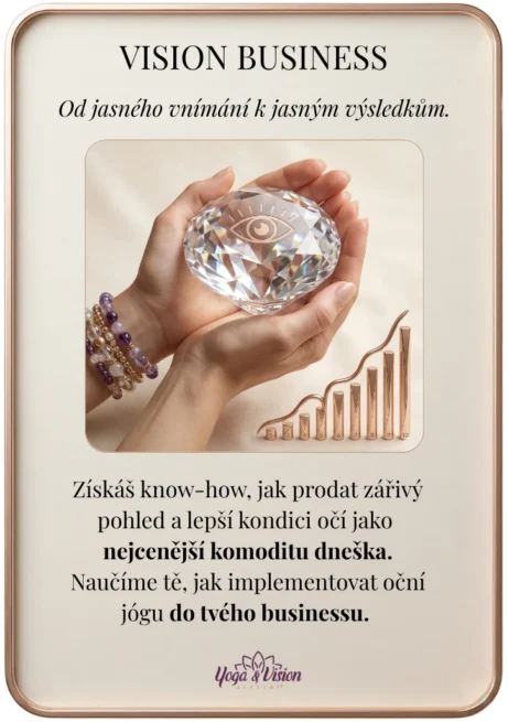 Ruce držící velký vybroušený diamant se symbolem oka a&nbsp;zlatý rostoucí graf. Představuje business model implementace oční jógy v&nbsp;Yoga & Vision Academy.